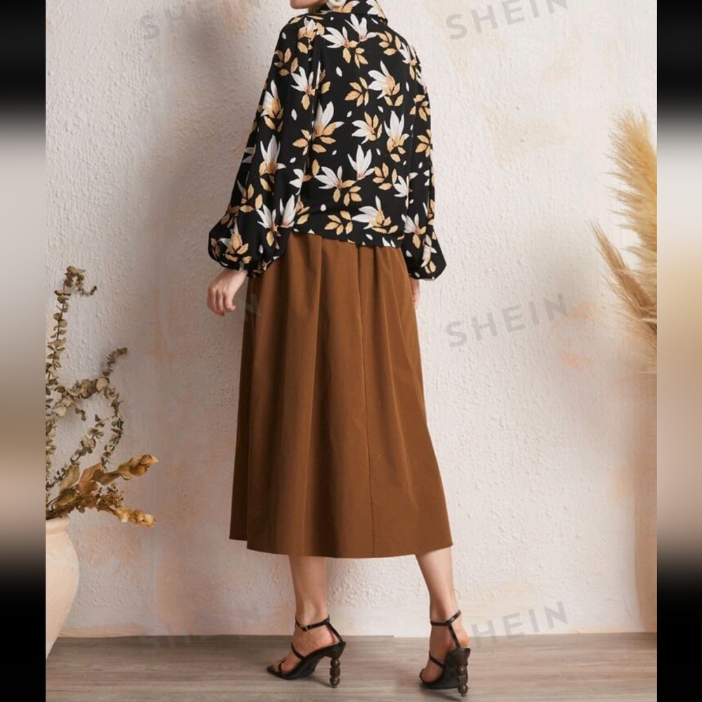 Leaf Print Lantern Sleeve Button Front Blouse & C… - image 4